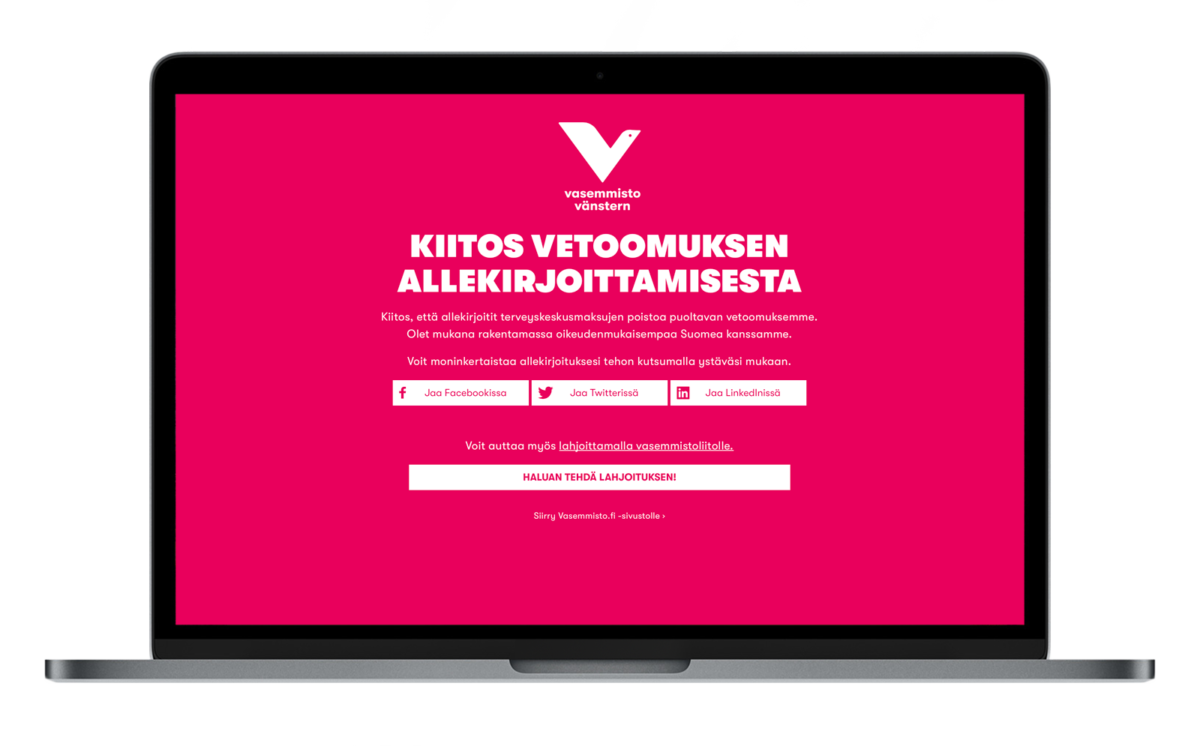 Vasemmistoliitto -verkkosivuston käyttöliittymänäkymä