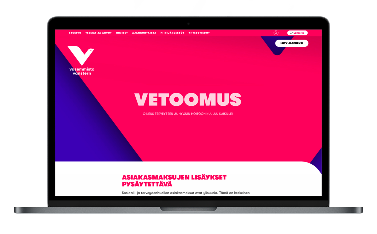 Vasemmistoliitto -verkkosivuston käyttöliittymänäkymä