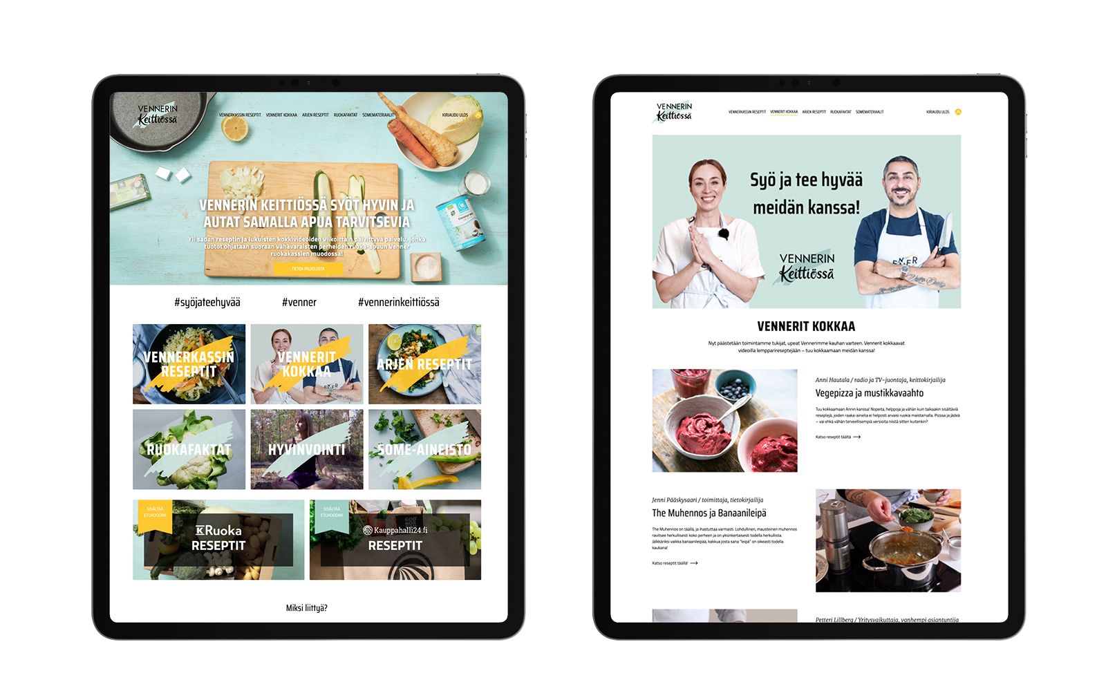 Vennerin keititössä -palvelun ipad näkymät: etusivu ja Vennerit kokkaa sivu