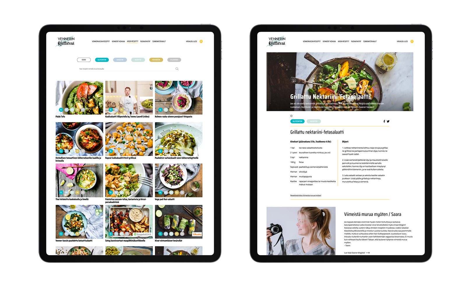 Vennerin keititössä -palvelun ipad näkymät; reseptiarkisto ja reseptisivu.