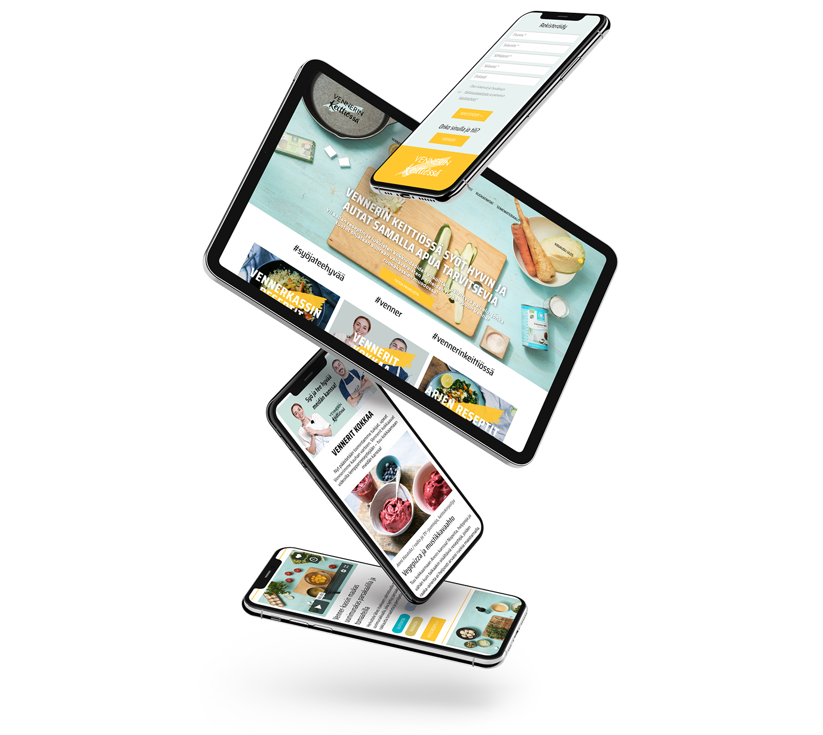 Mobiili- ja iPadnäkymiä Vennerin keittiössä -palvelusta.