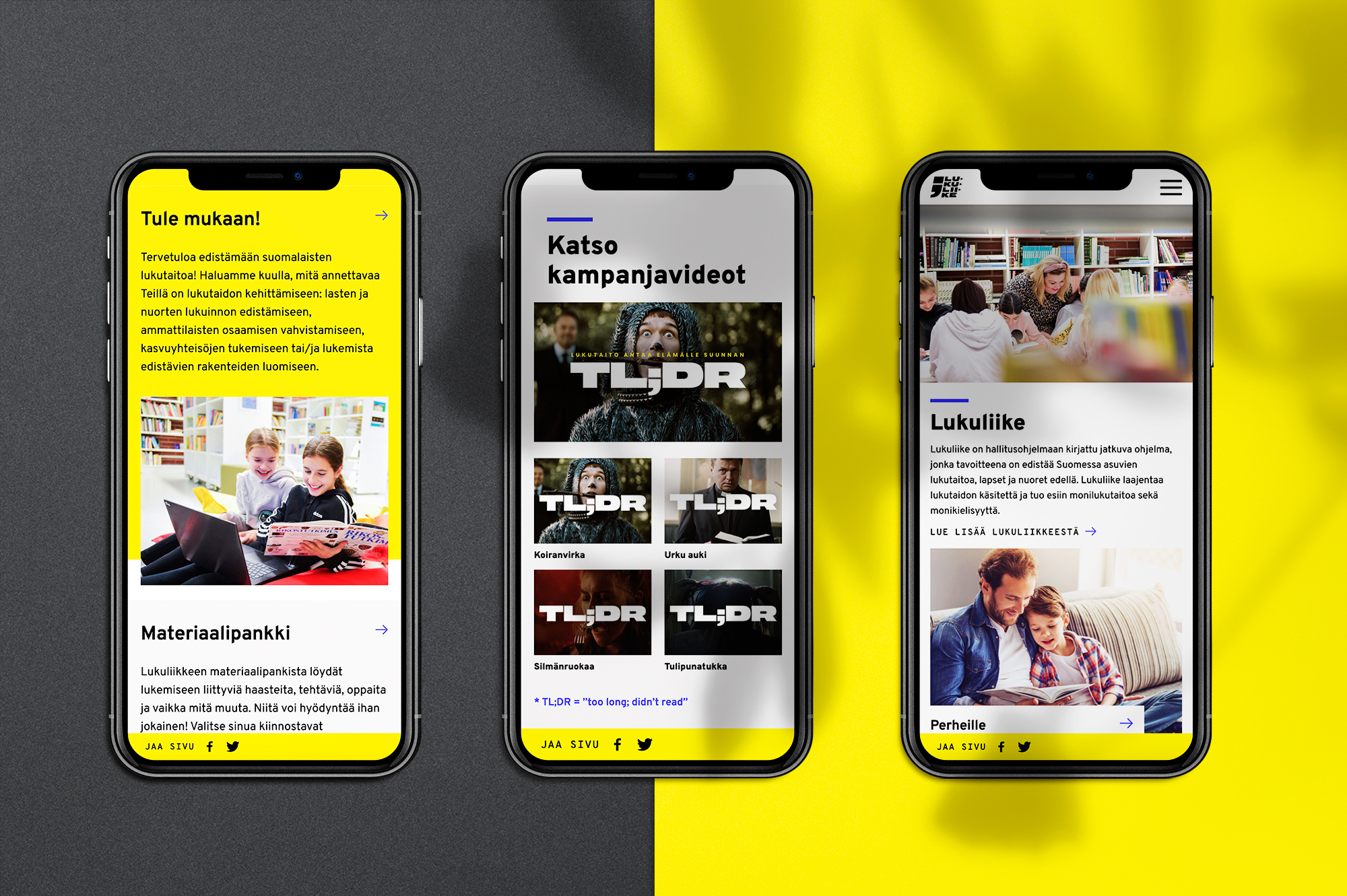 Lukuliike verkkosivuston mobiilinäkymiä