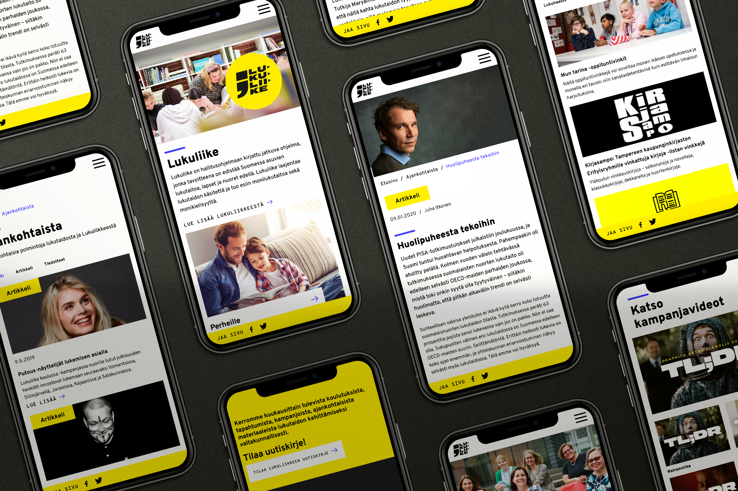 Lukuliike-sivuston mobiilinäkymiä iphonen ruudulla